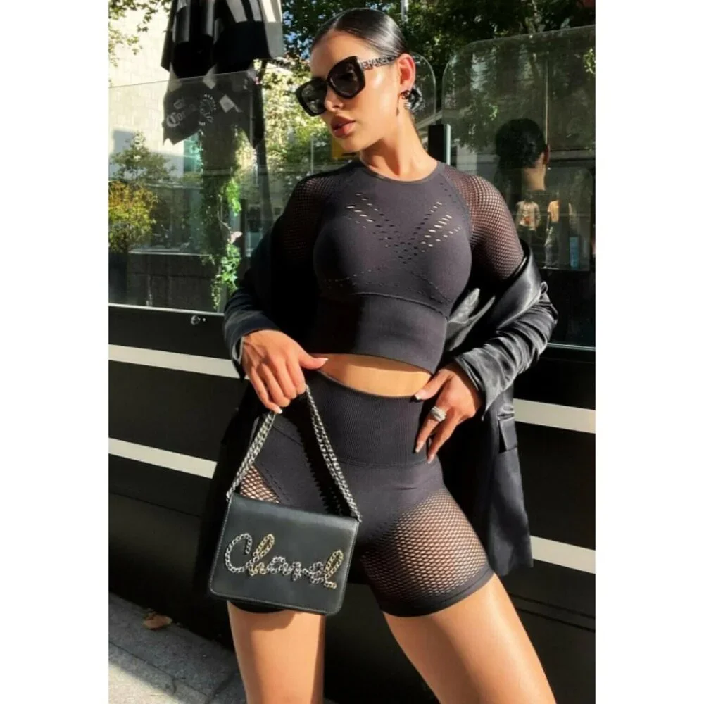 Alo Seamless High-Waist Limitless Open Air Shorts Black Edgy Sheer Mesh Cut-Outs